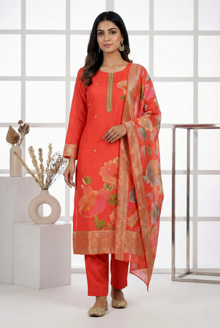 Neerus Red georgette floral printed suit set - front view