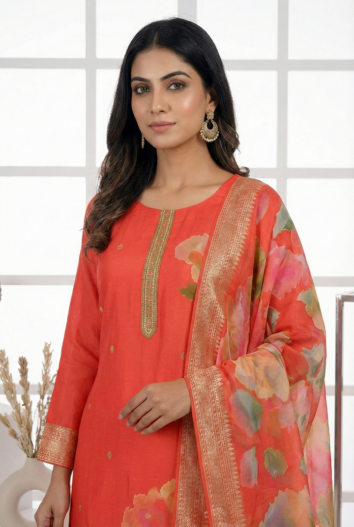 Neerus Red georgette floral printed suit set - back view