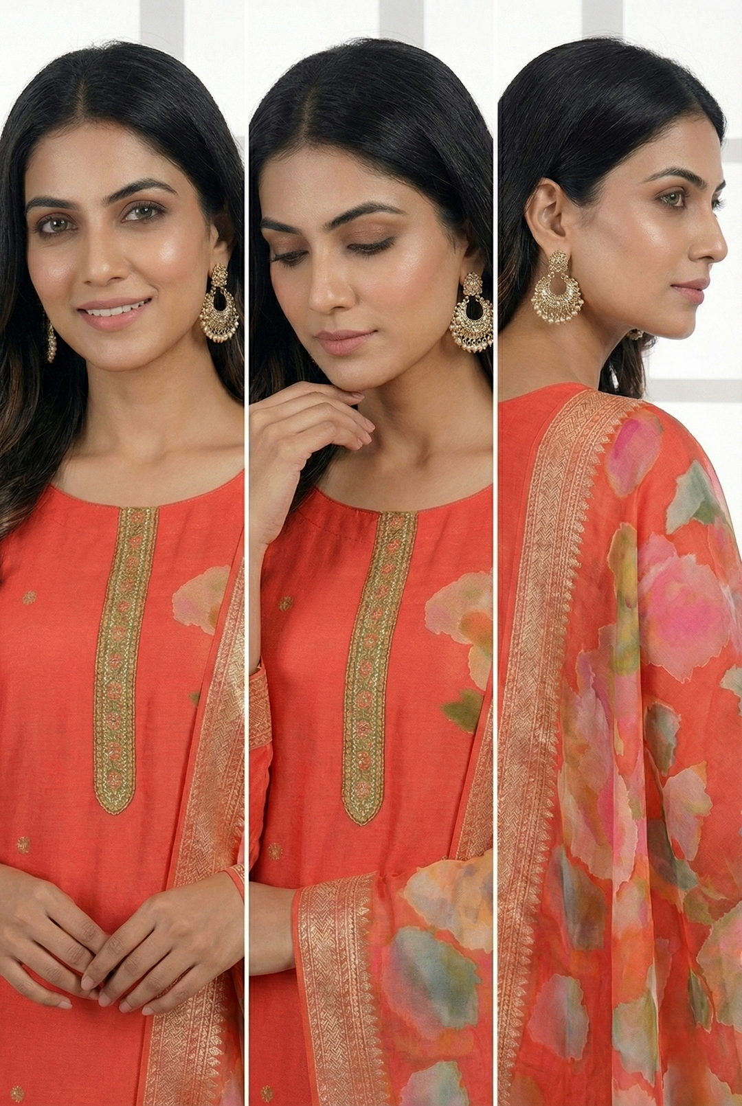 Neerus Red georgette floral printed suit set - side view