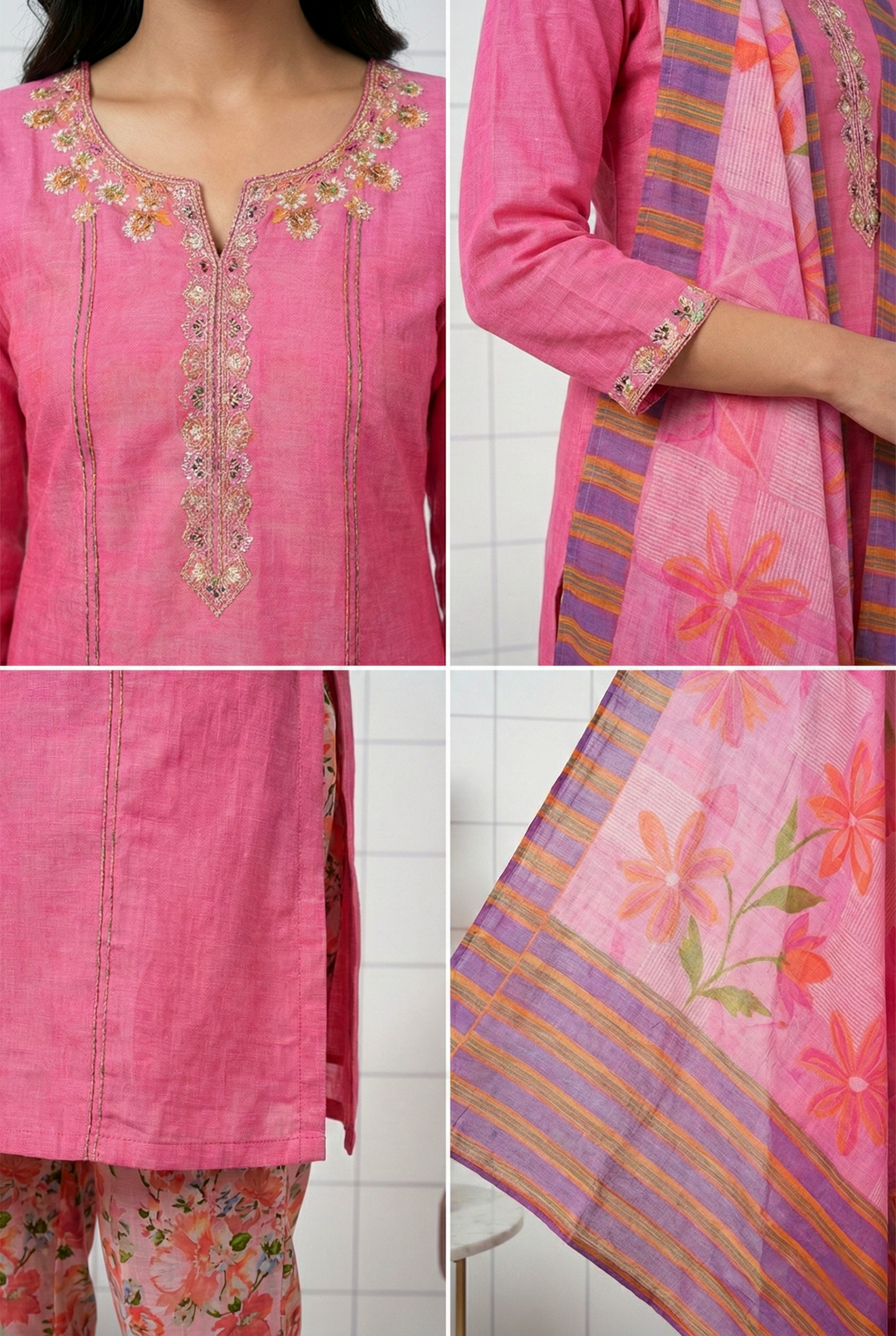 Neerus Pink silk printed suit set - side view