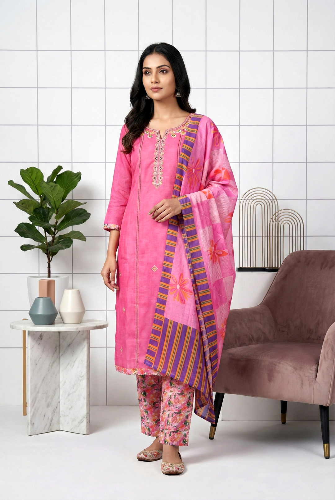 Neerus Pink silk printed suit set - front view