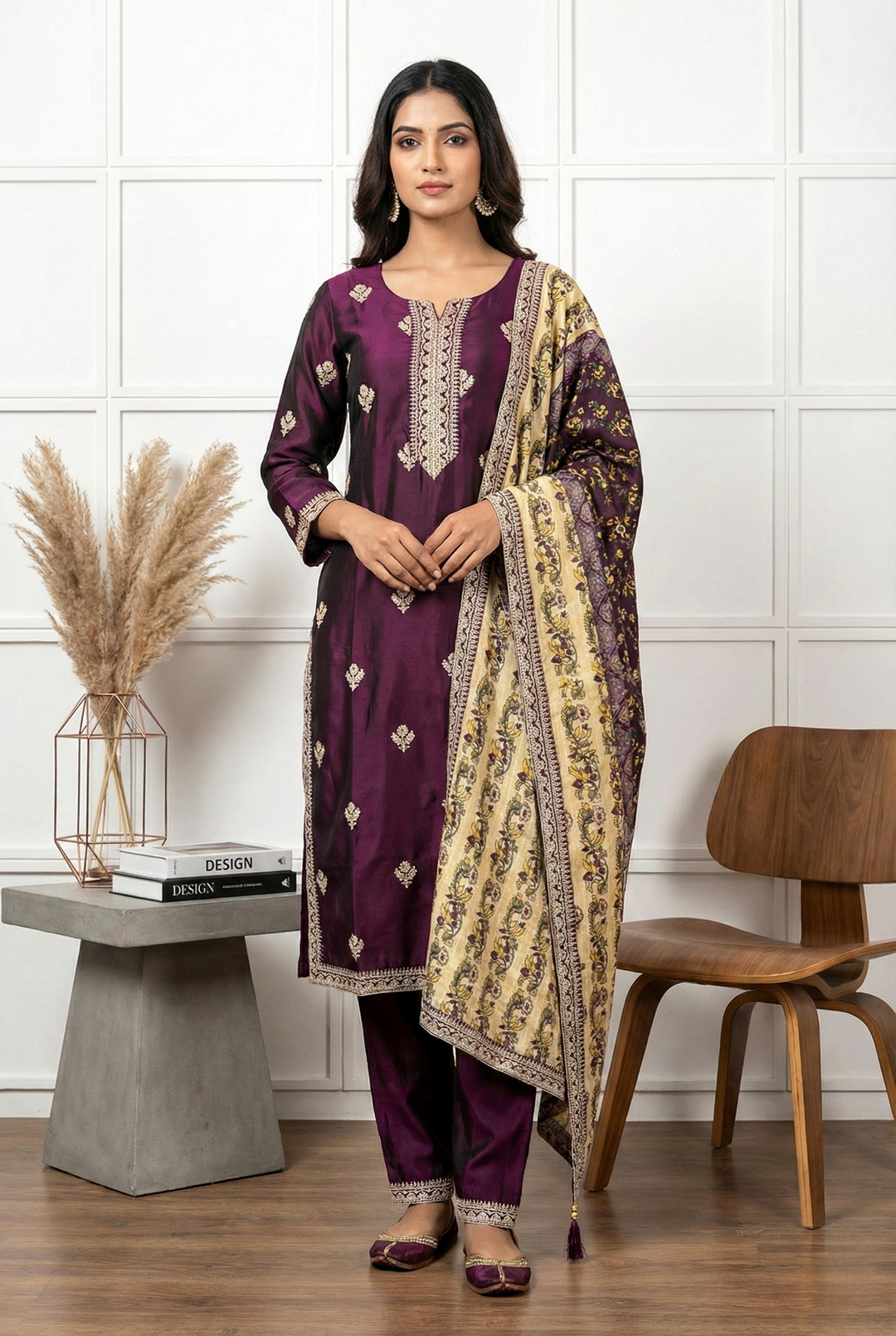 Neerus Maroon silk printed suit set - front view