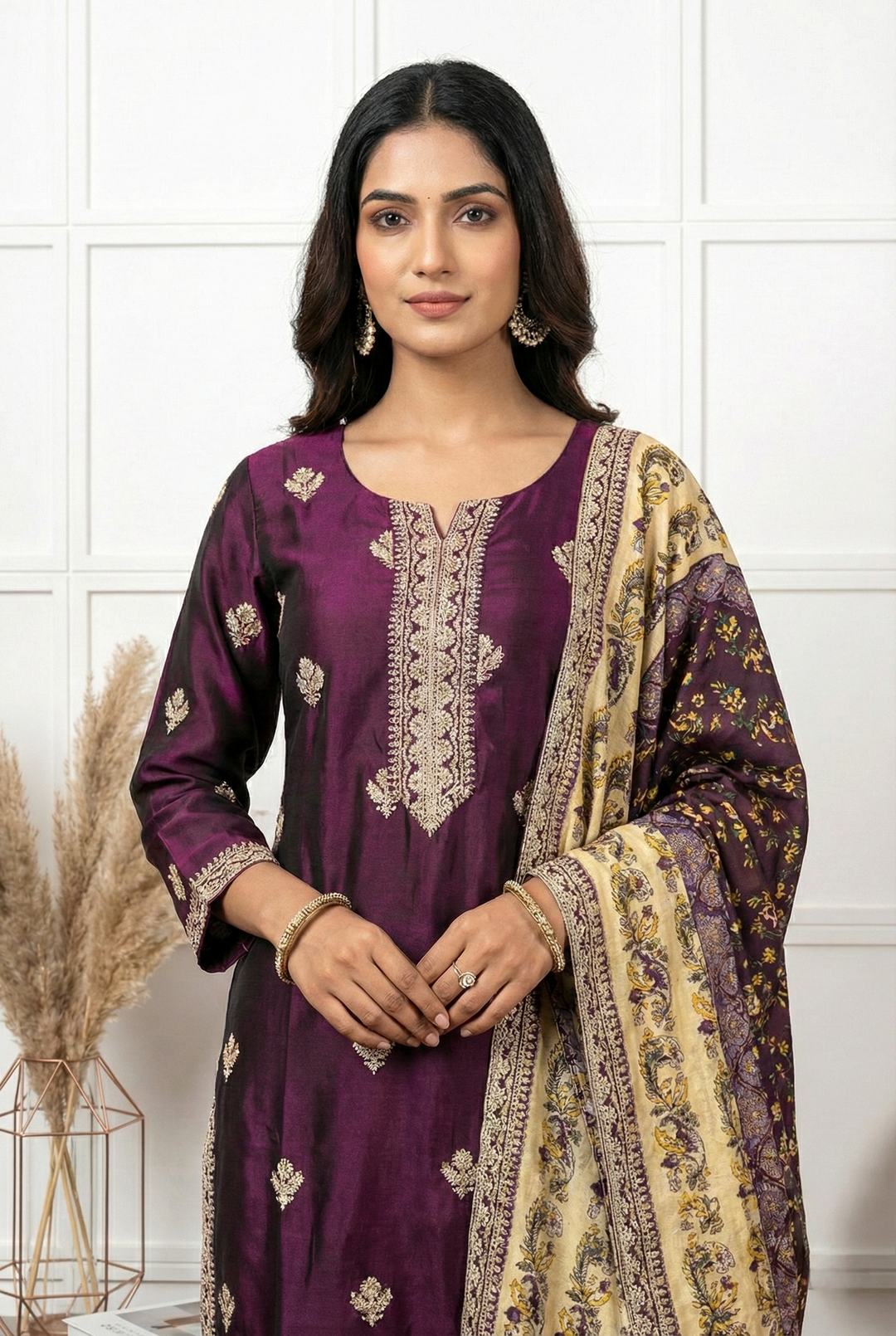 Neerus Maroon silk printed suit set - back view