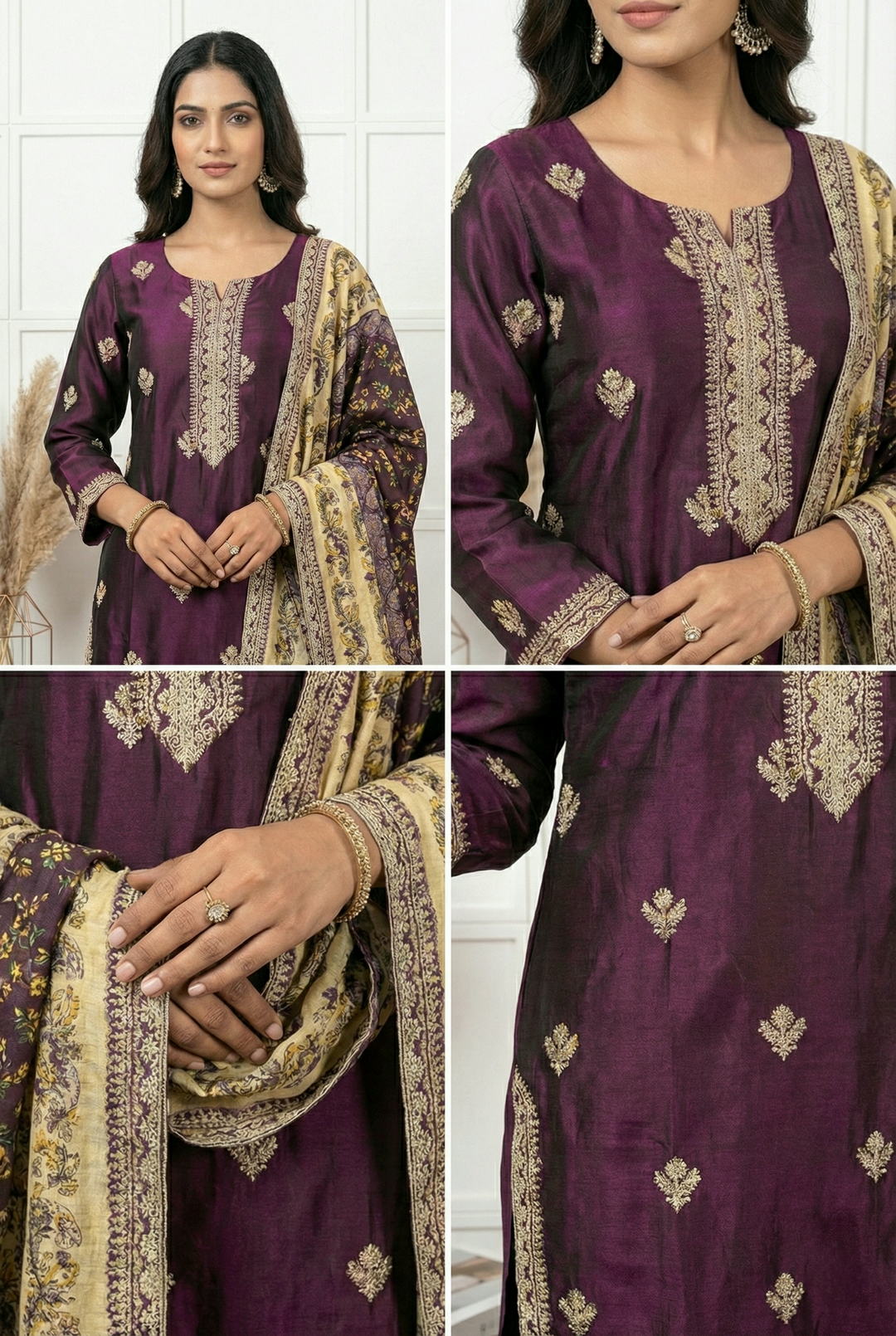 Neerus Maroon silk printed suit set - side view