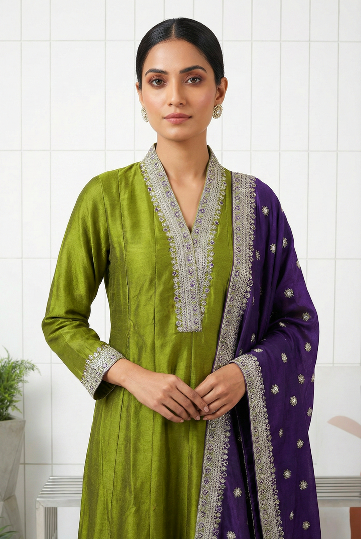 Neerus Green silk hand embroidered suit set - back view