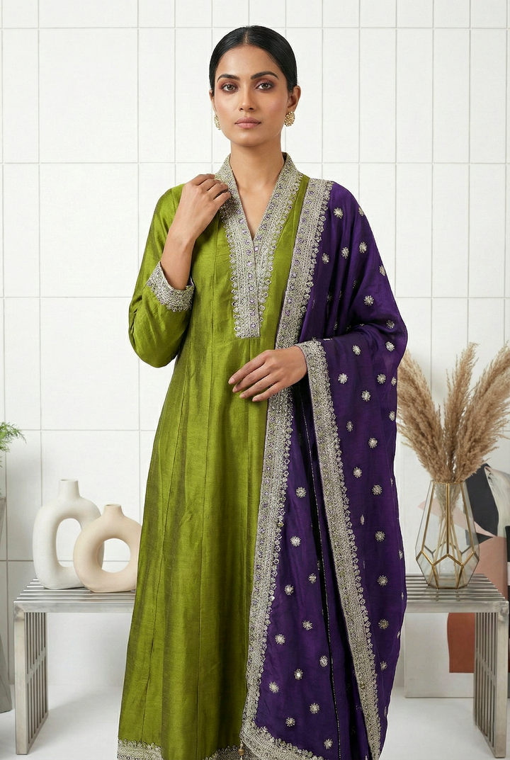 Neerus Green silk hand embroidered suit set - front view