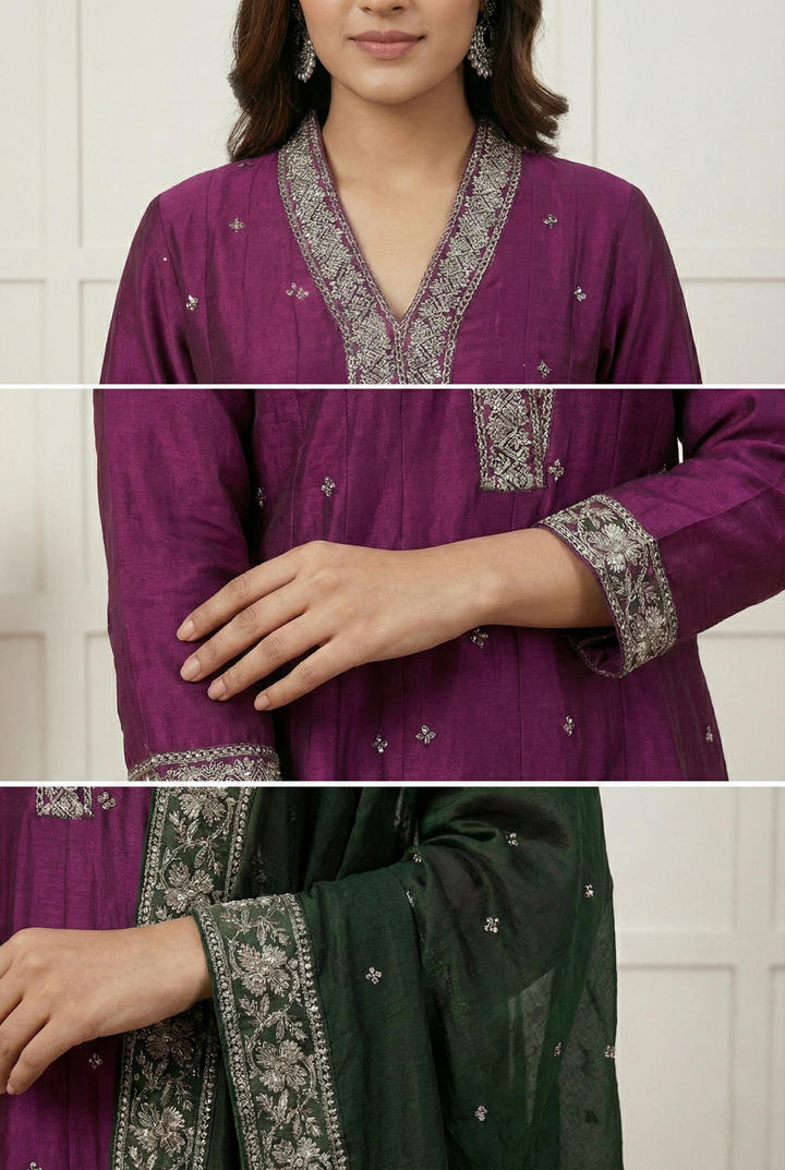 Neerus Maroon silk printed suit set - side view