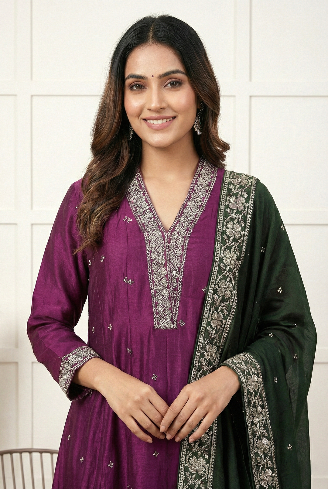 Neerus Maroon silk printed suit set - back view