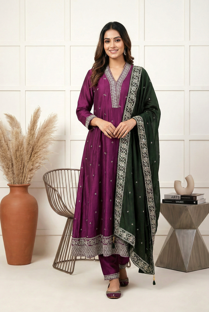 Neerus Maroon silk printed suit set - front view