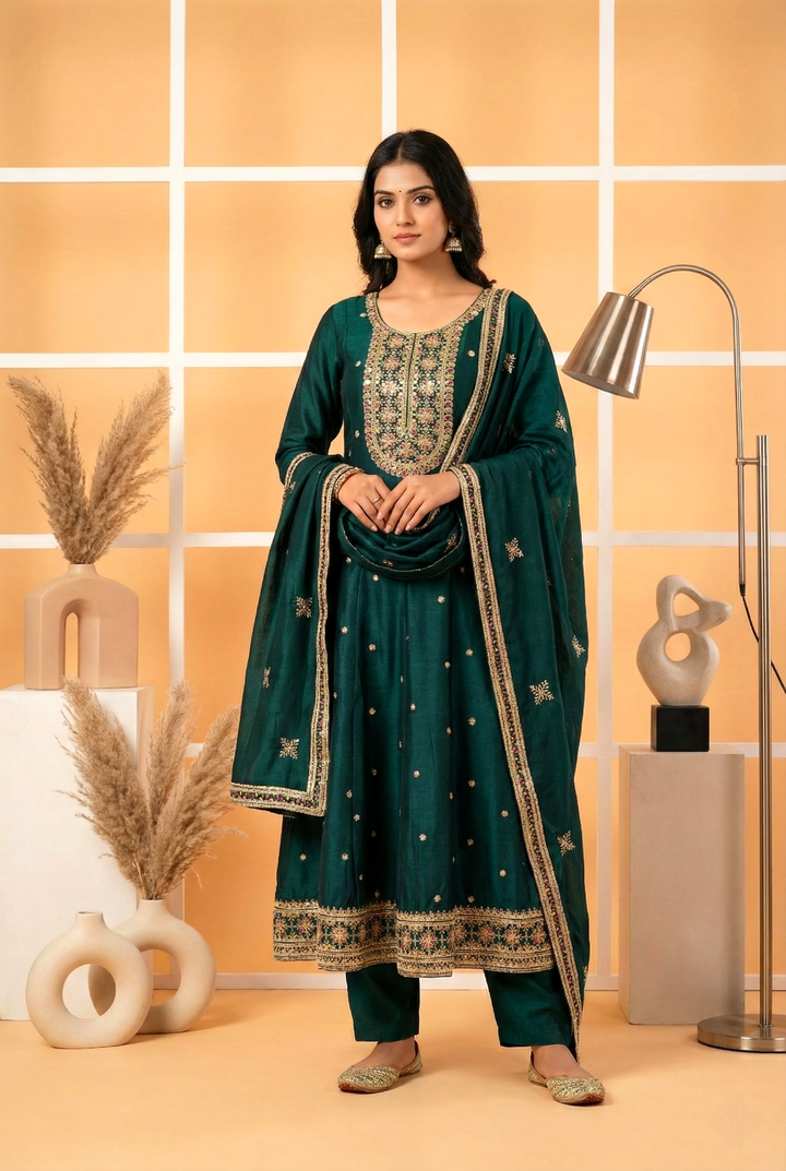 Neerus Blue silk hand embroidered suit set - front view