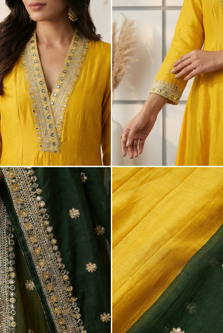 Neerus Yellow silk hand embroidered suit set - side view