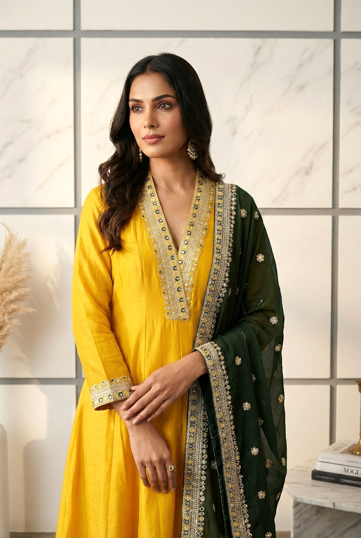 Neerus Yellow silk hand embroidered suit set - back view