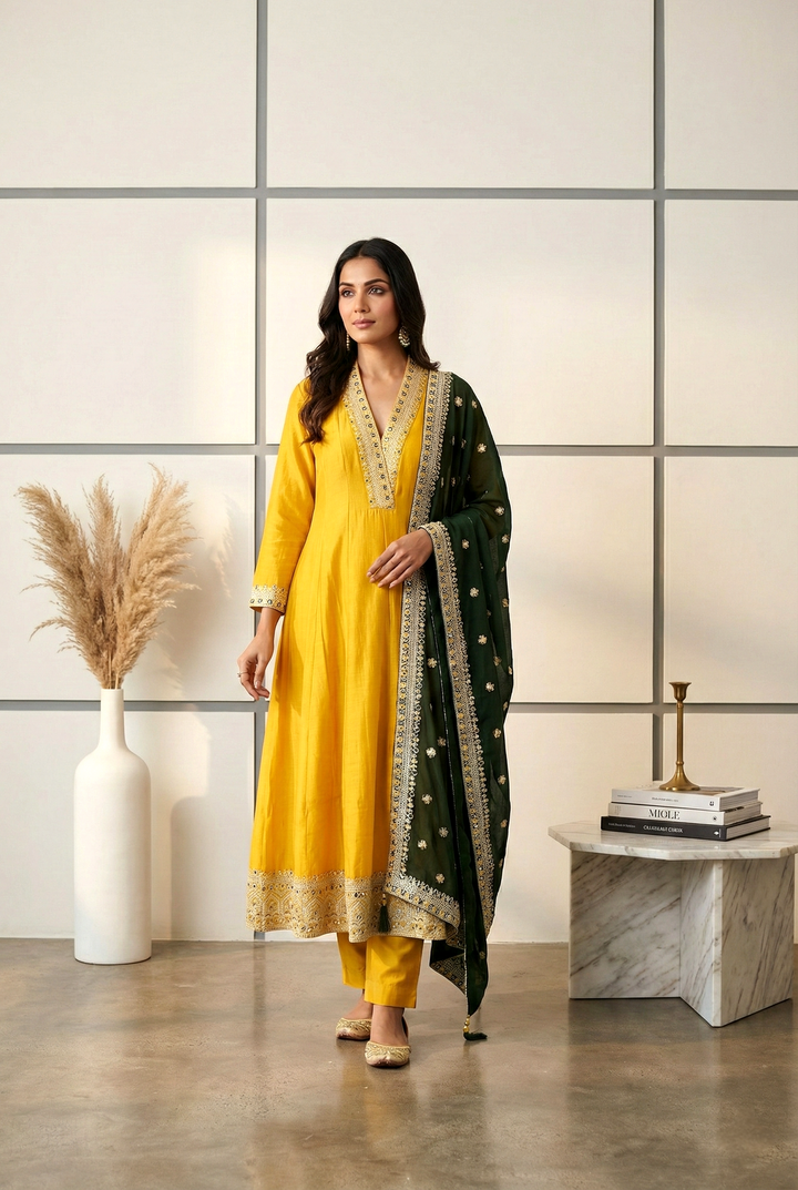 Neerus Yellow silk hand embroidered suit set - front view