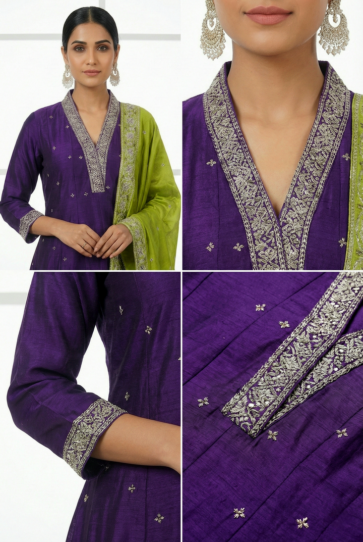 Neerus Purple silk printed suit set - side view