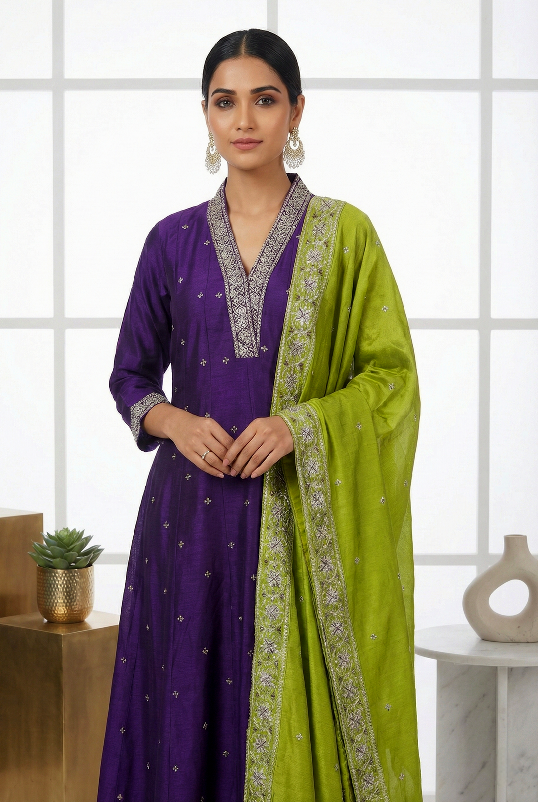 Neerus Purple silk printed suit set - back view