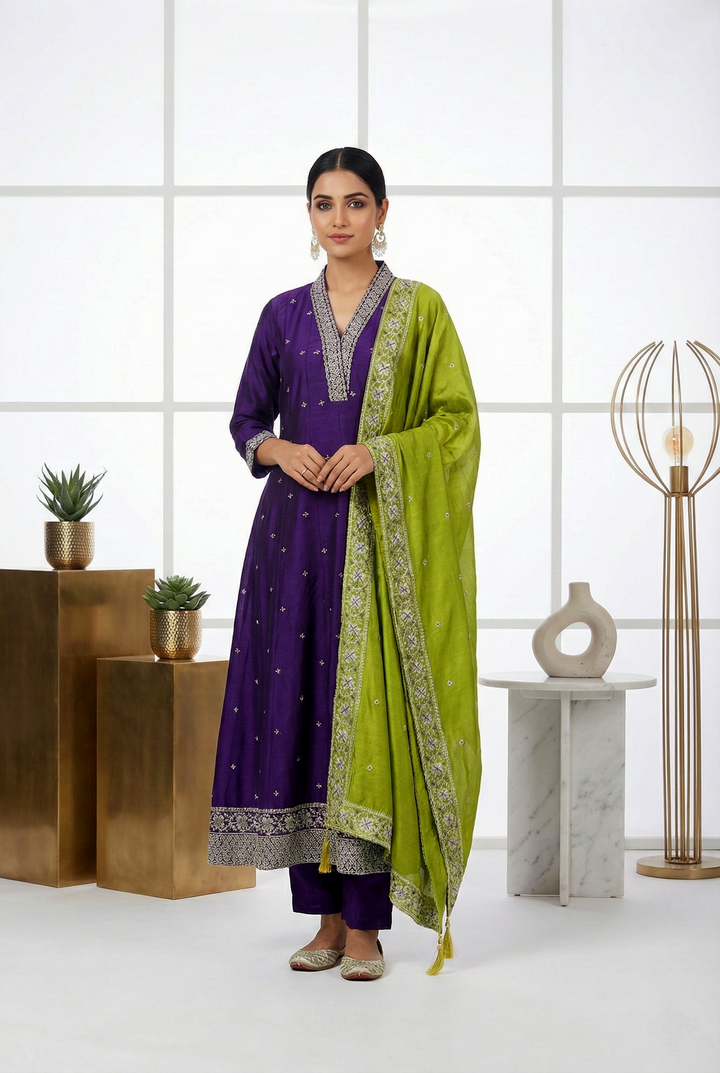 Neerus Purple silk printed suit set - front view