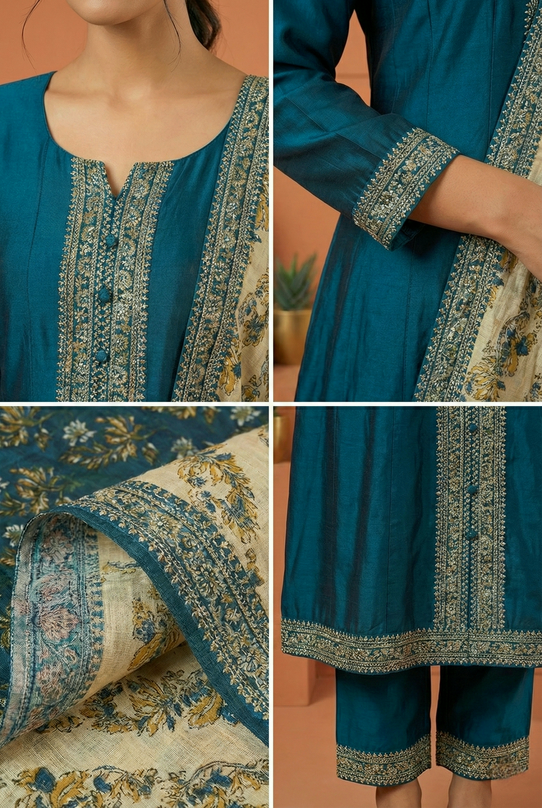 Neerus Blue silk hand embroidered suit set - side view