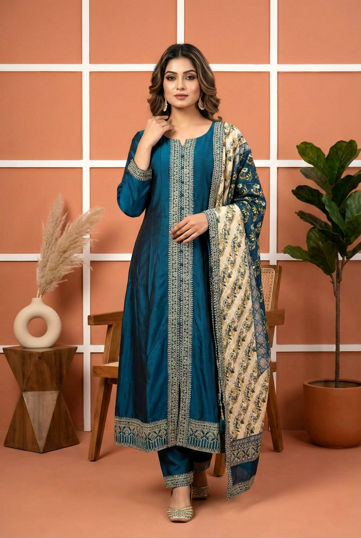 Neerus Blue silk hand embroidered suit set - front view