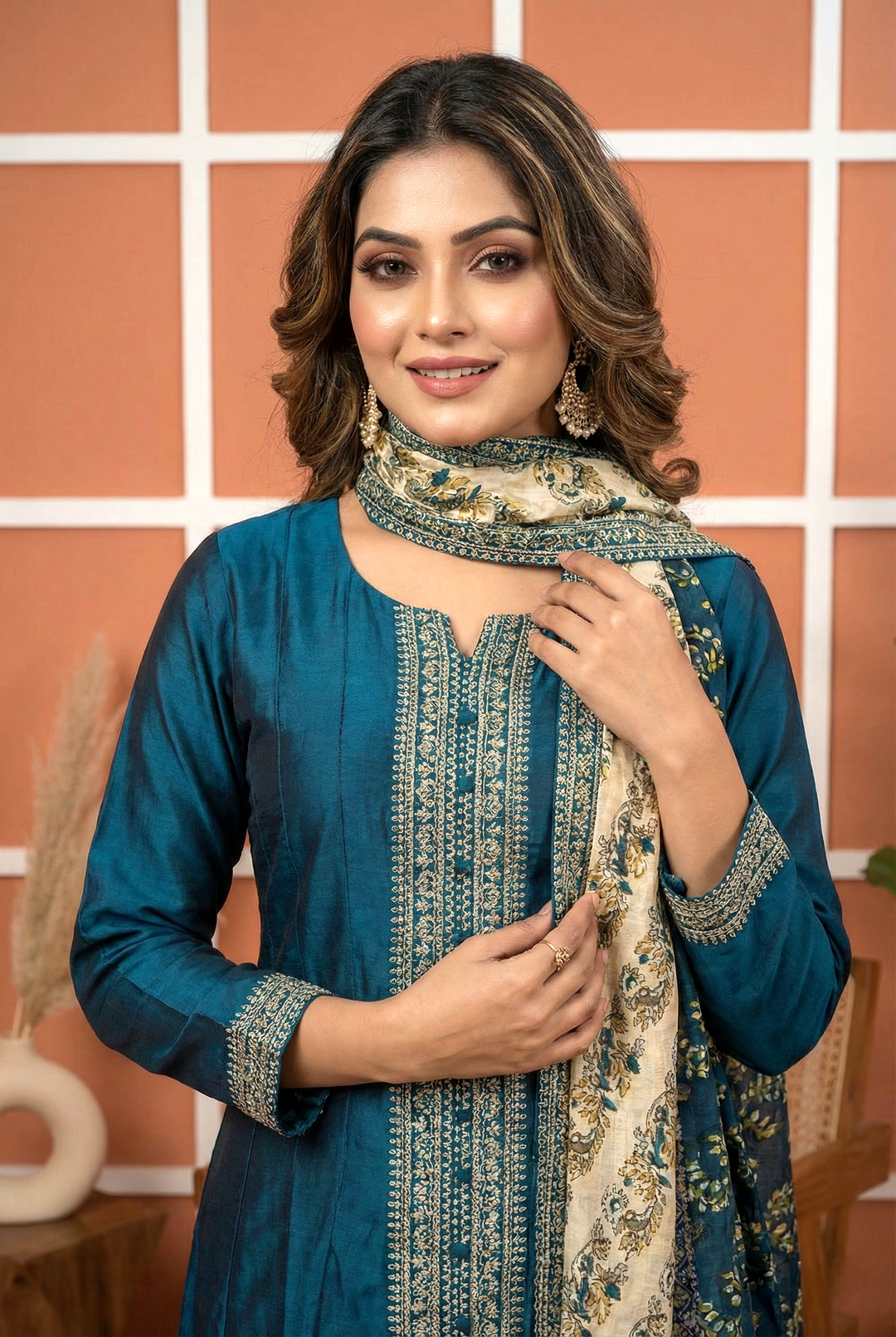 Neerus Blue silk hand embroidered suit set - back view