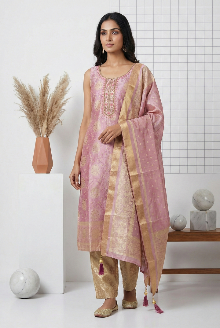 Neerus Pink tissue printed suit set - front view