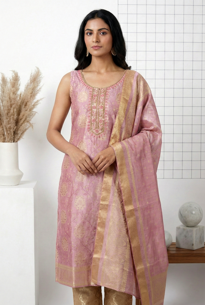 Neerus Pink tissue printed suit set - back view