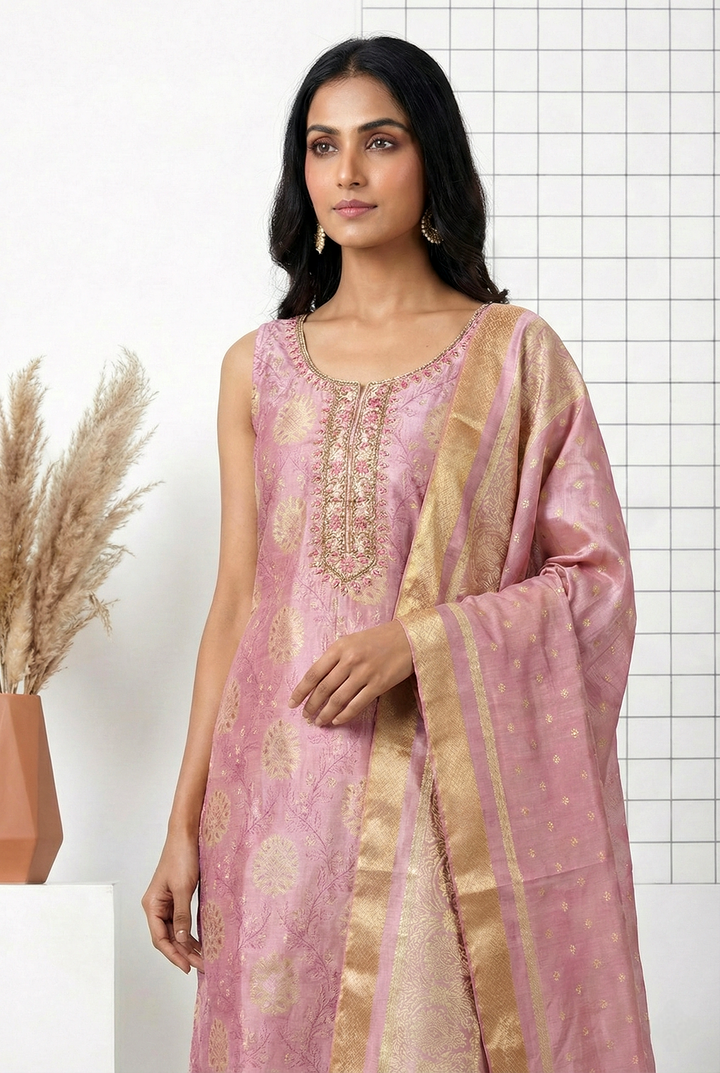 Neerus Pink tissue printed suit set - side view