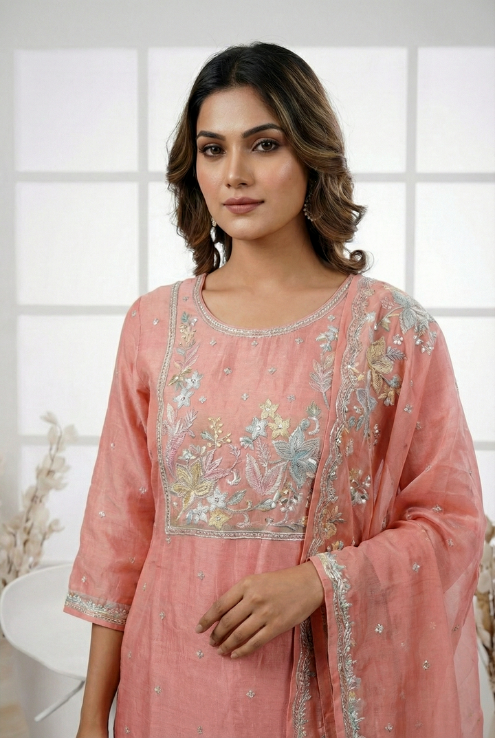 Neerus Orange tissue hand embroidered suit set - back view
