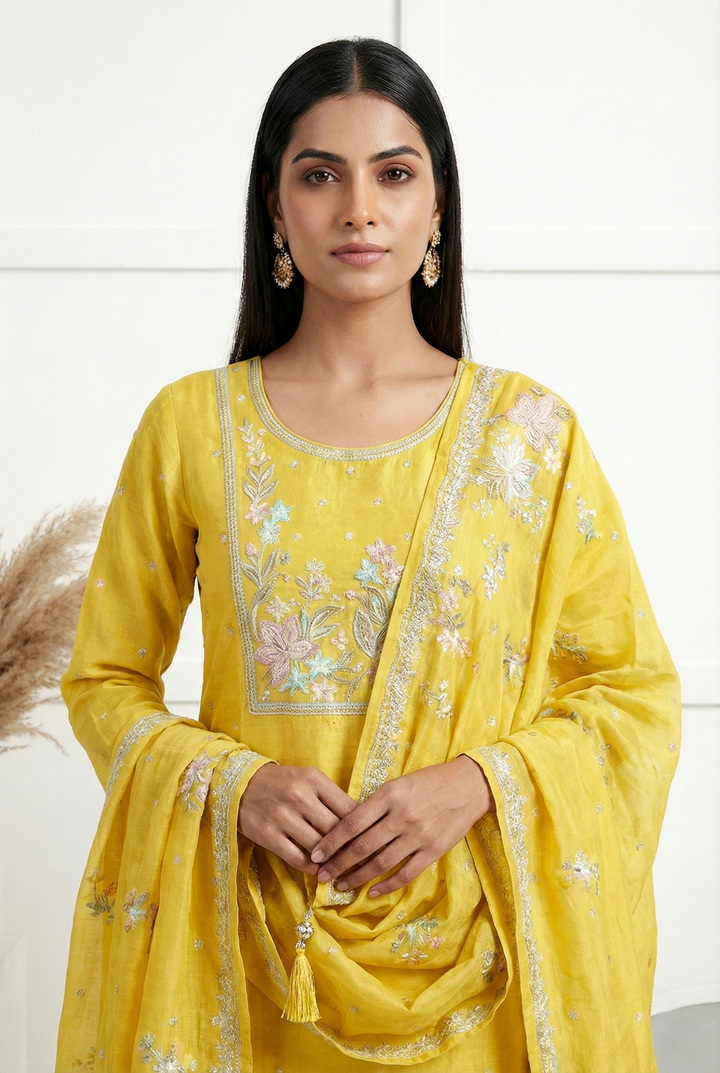 Neerus Green tissue hand embroidered suit set - back view