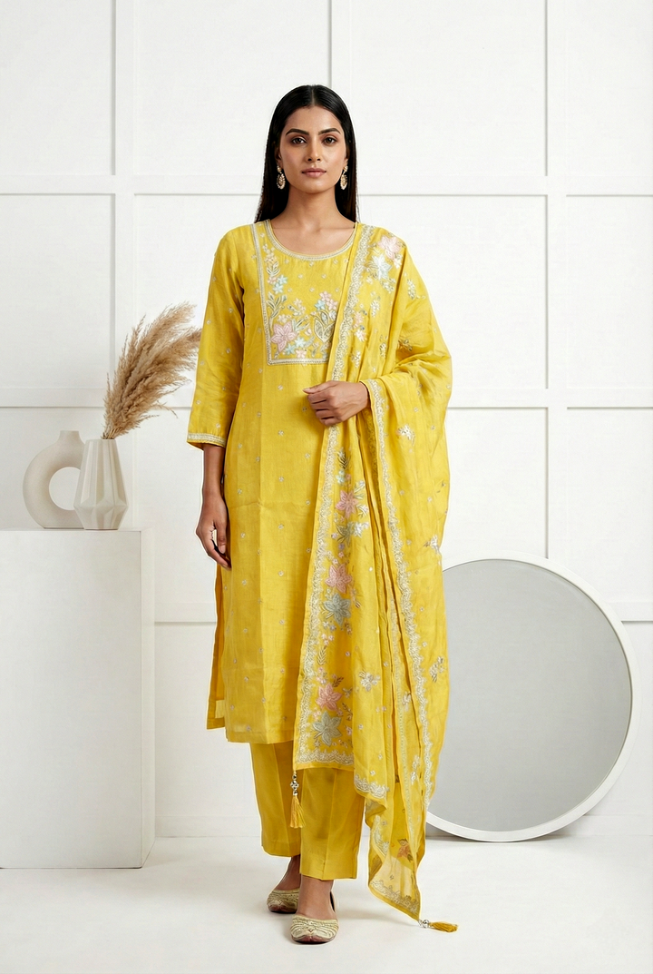 Neerus Green tissue hand embroidered suit set - front view