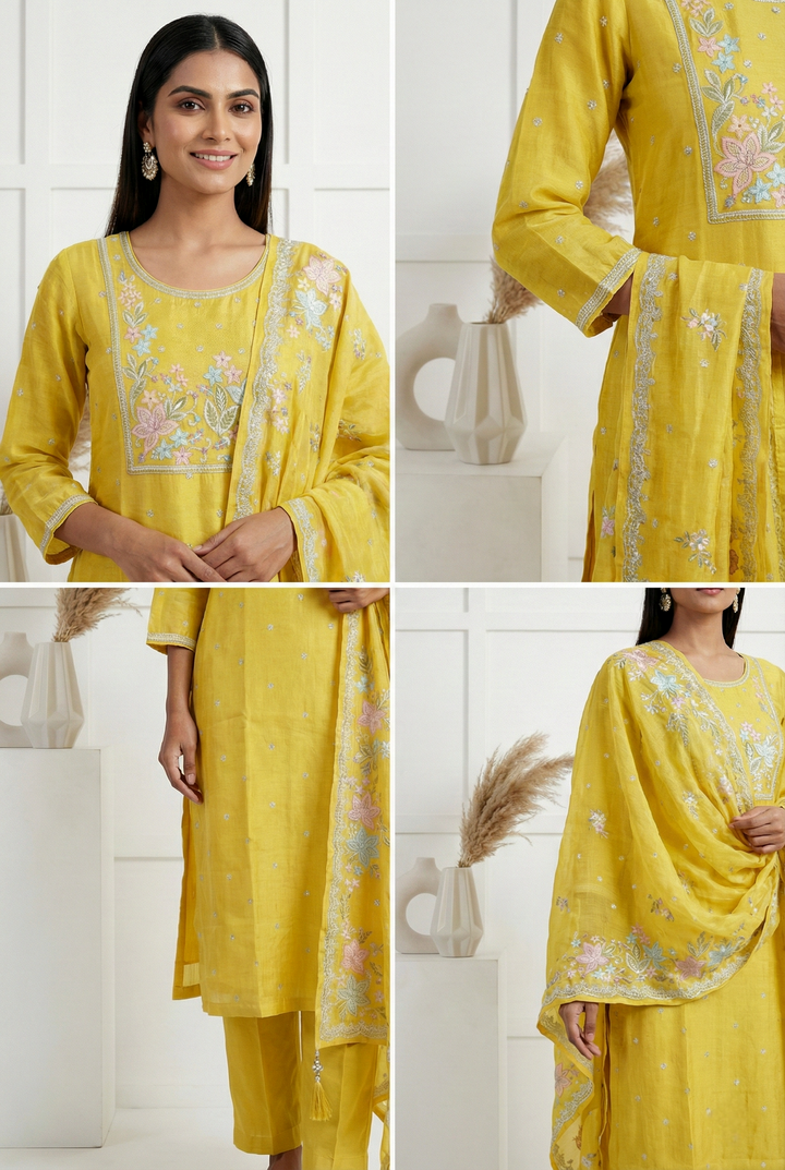 Neerus Green tissue hand embroidered suit set - side view
