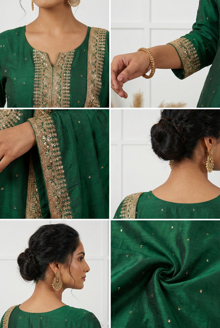 Neerus Green silk hand embroidered suit set - side view