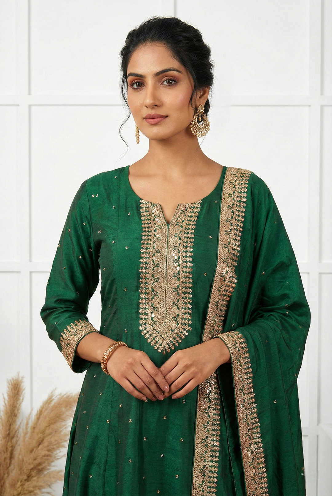 Neerus Green silk hand embroidered suit set - back view