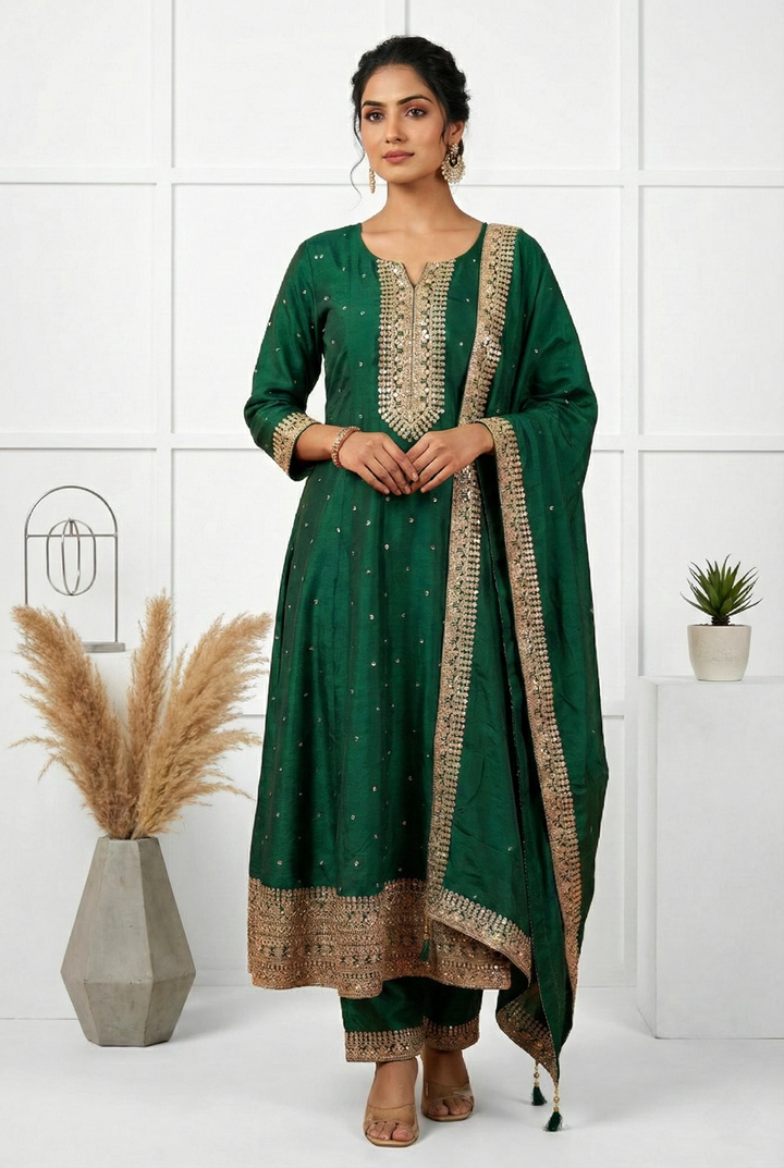 Neerus Green silk hand embroidered suit set - front view