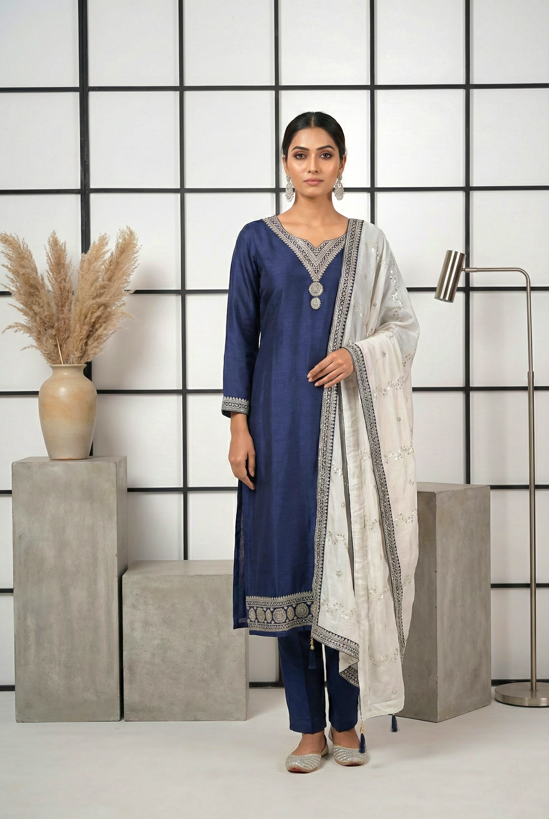 Neerus Blue Silk Hand Embroidered Suit Set - front view