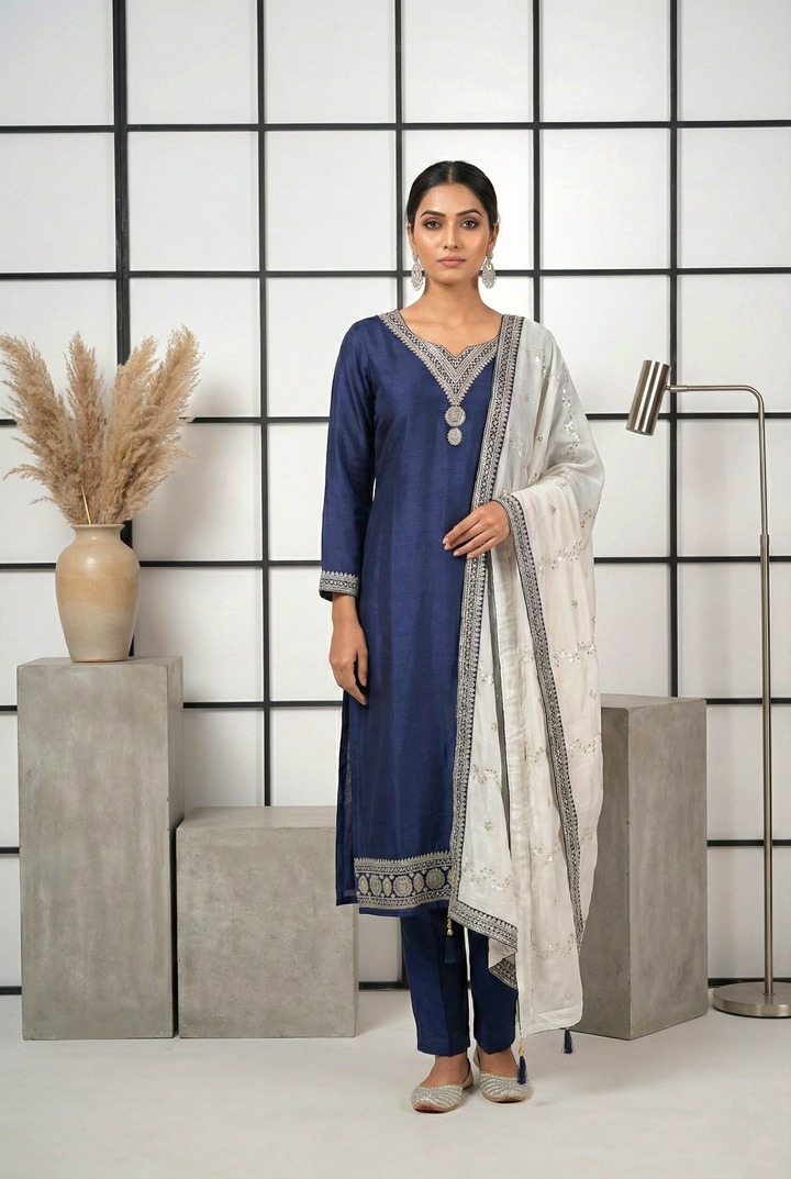 Neerus Blue Silk Hand Embroidered Suit Set - front view