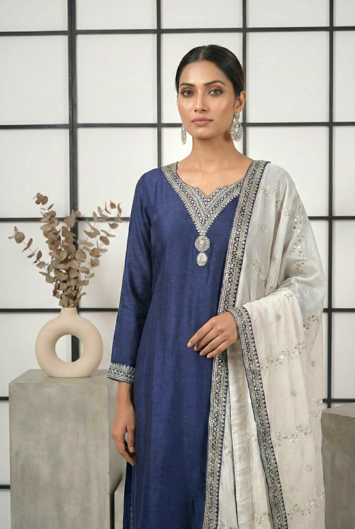 Neerus Blue Silk Hand Embroidered Suit Set - back view