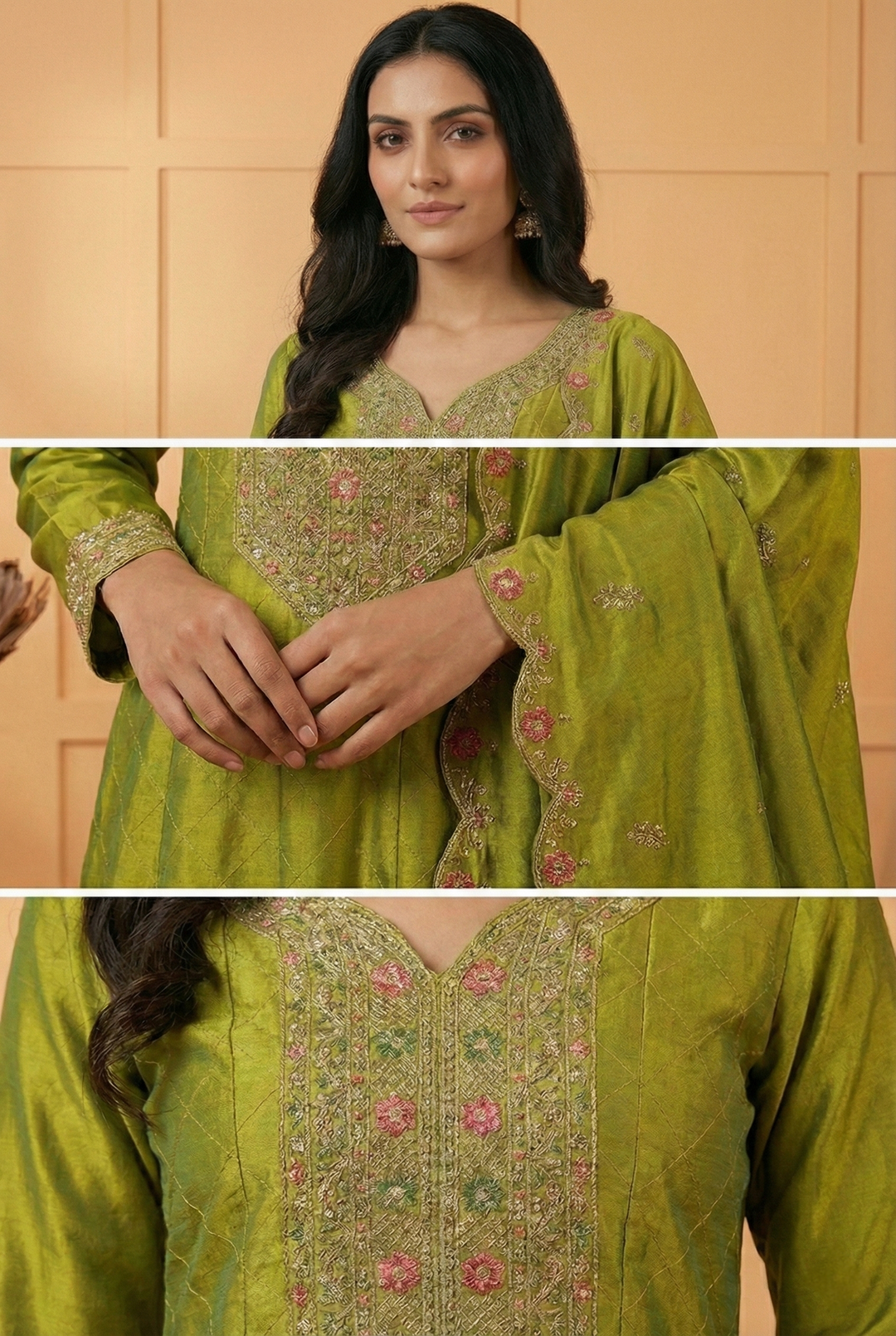 Neerus Green silk embroidered suit set - back view
