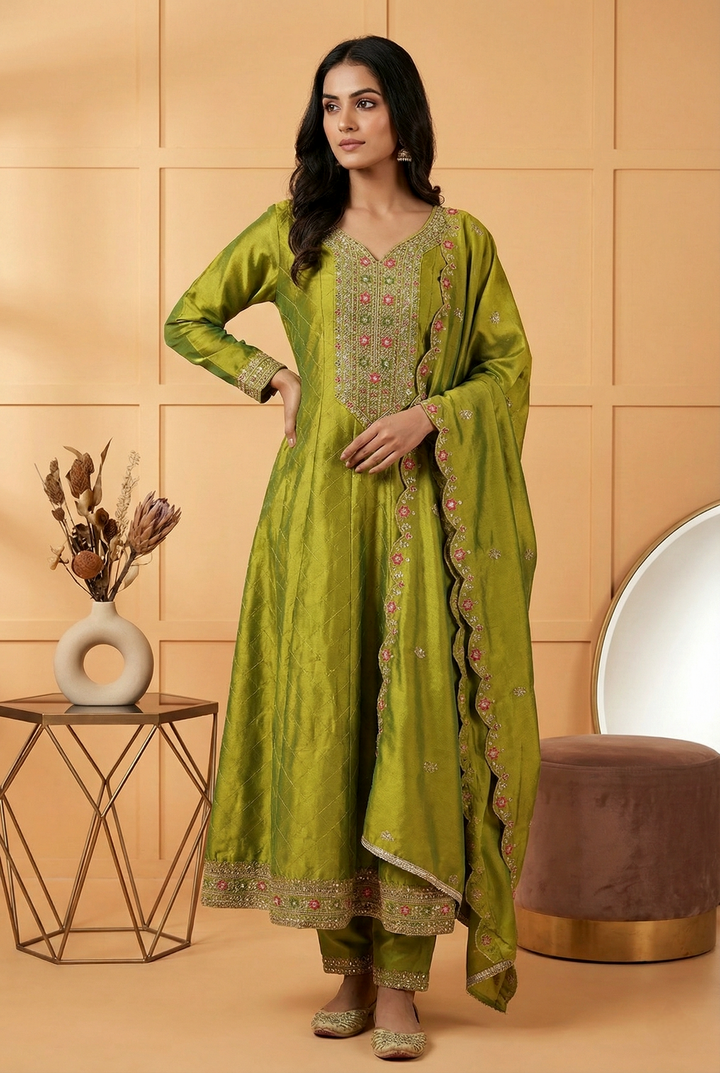 Neerus Green silk embroidered suit set - front view