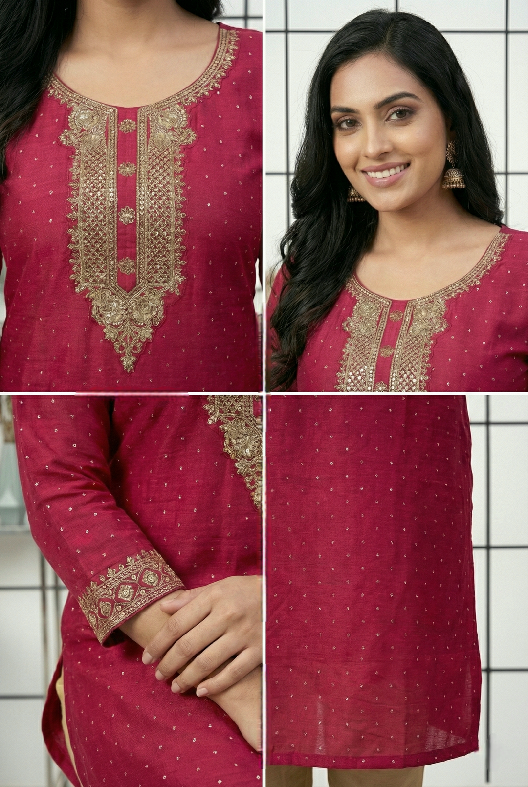 Neerus Red silk hand embroidered suit set - side view