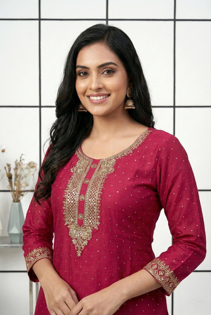 Neerus Red silk hand embroidered suit set - back view