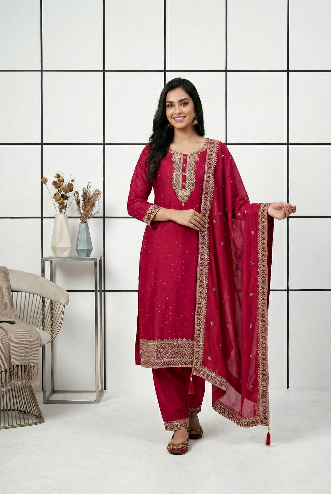 Neerus Red silk hand embroidered suit set - front view