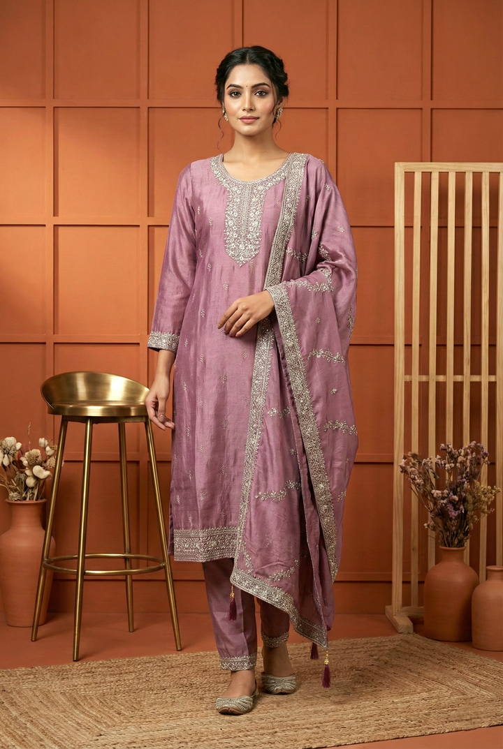 Neerus Pink silk hand embroidered suit set - back view