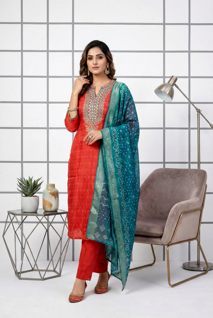 Neerus Red silk printed suit set - front view