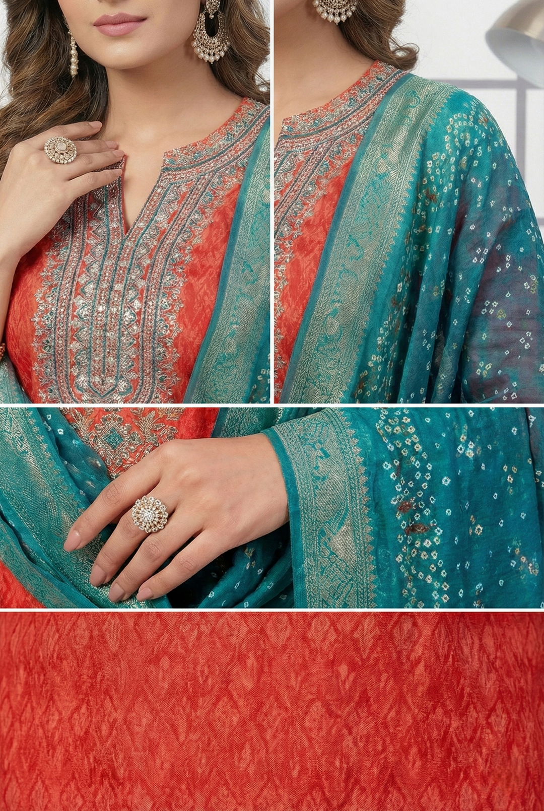 Neerus Red silk printed suit set - side view
