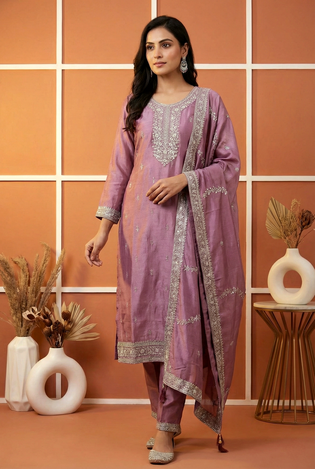 Neerus Pink silk hand embroidered suit set - front view