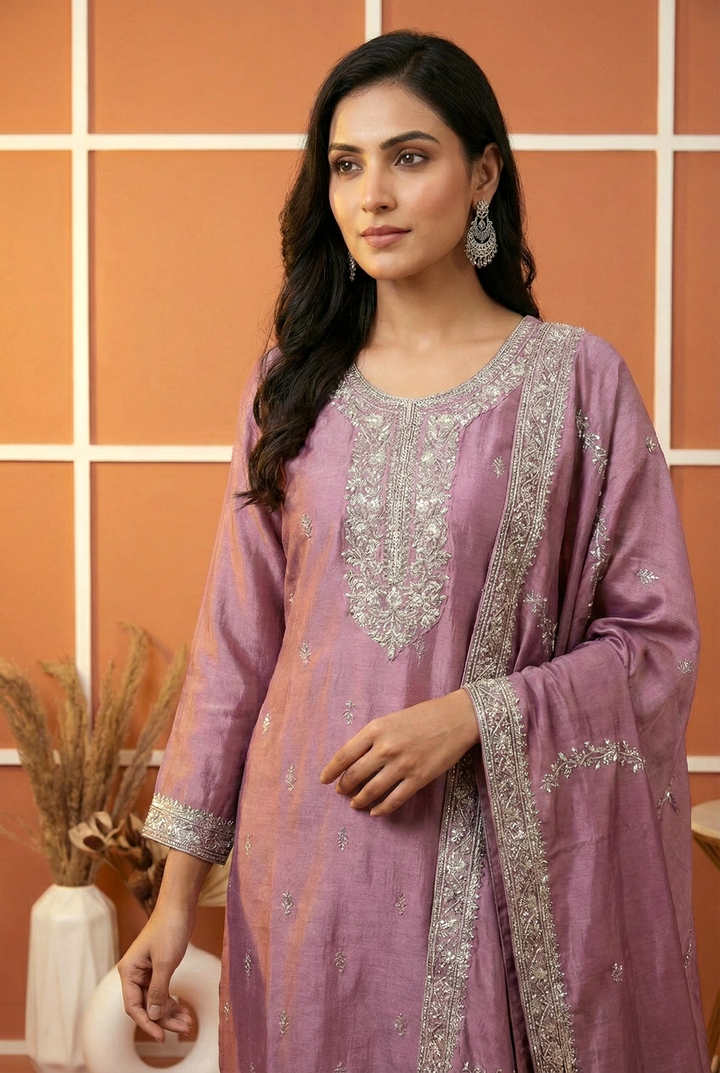 Neerus Pink silk hand embroidered suit set - side view