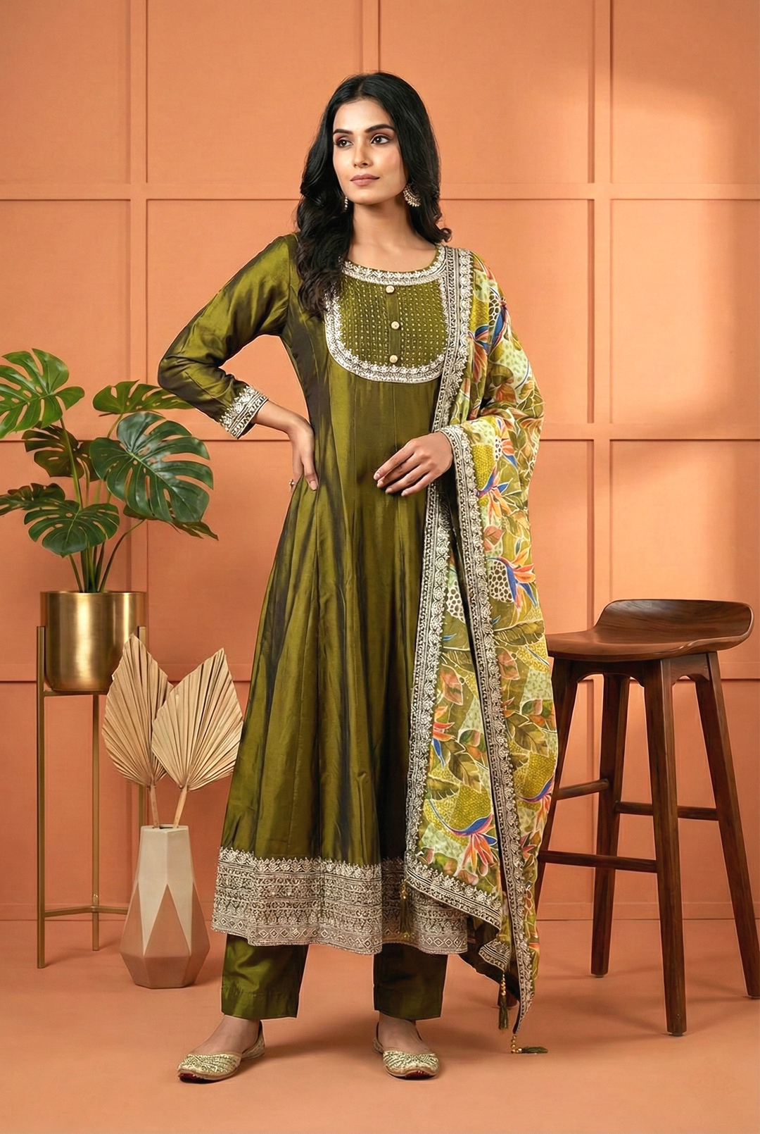 Neerus Green silk hand embroidered suit set - front view