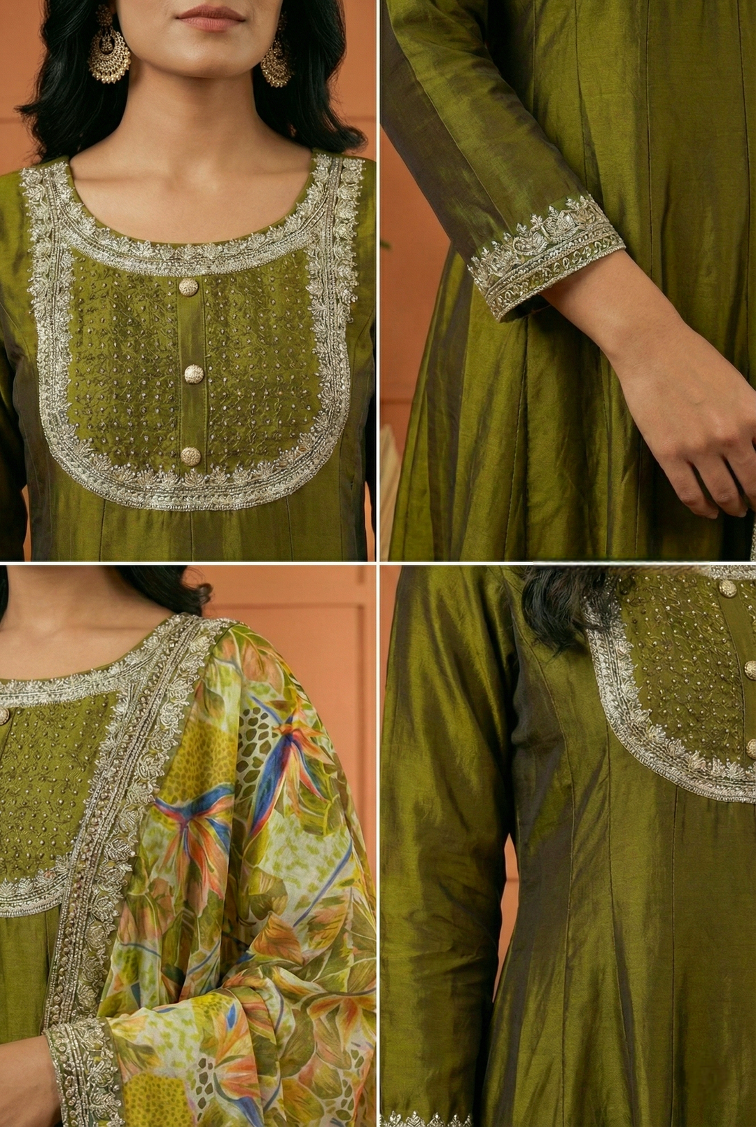 Neerus Green silk hand embroidered suit set - side view