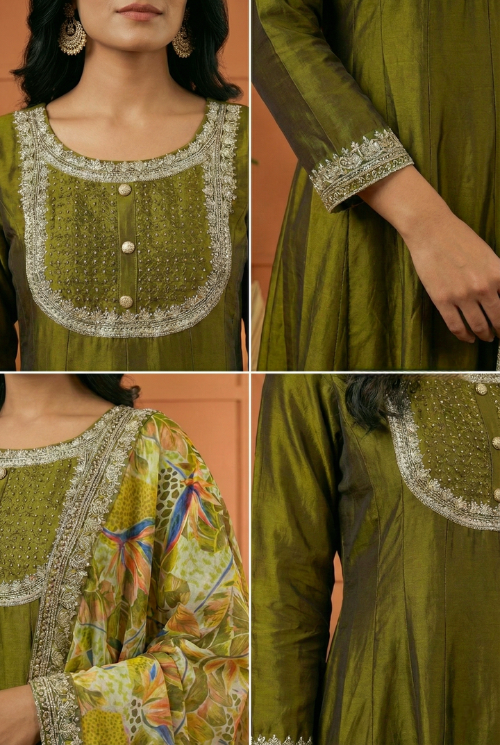Neerus Green silk hand embroidered suit set - side view