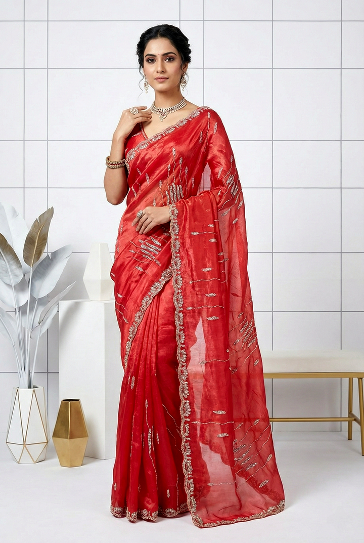 Neerus Red organza hand embroidered saree - front view